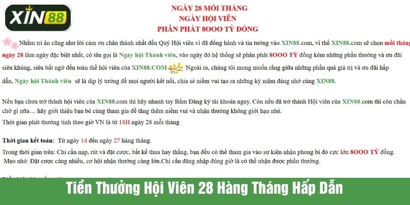 Giá trị hội viên sẽ được nhận trong ngày 28 hàng tháng