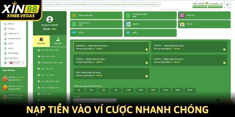 Nạp tiền vào ví cược nhanh chóng chỉ với vài phút